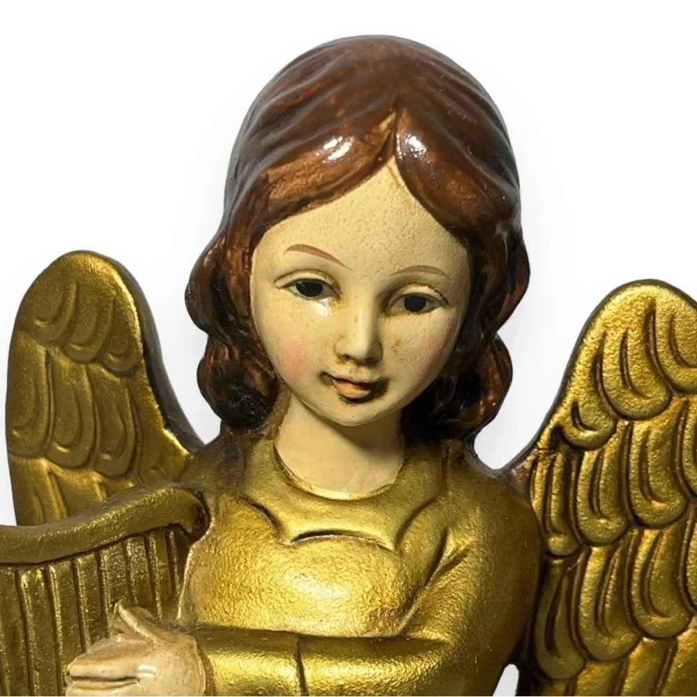 Brinns Christmas Angel Pair Figurine Choir Harp Violin Music Antique Gold Patina